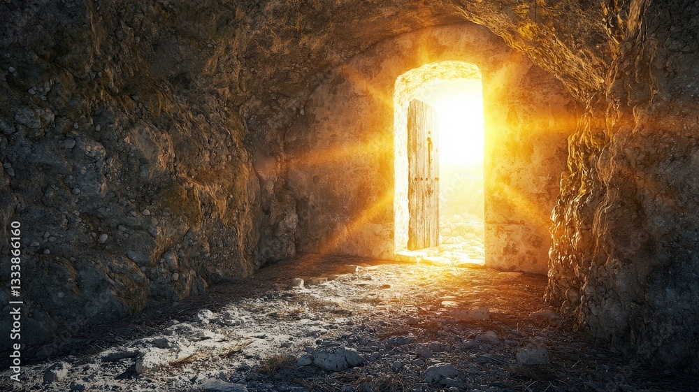 Fototapeta premium A minimalist design of an empty tomb with rays of light streaming in from an open stone door, symbolizing the resurrection of Jesus and the promise of new life