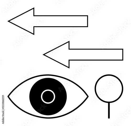 Eye symbol paired with opposite direction arrows and a magnifier-thumbs up icon, emphasizing observation, focus, clarity, decision-making, vision tracking, goal targeting, analysis. Ideal for focus