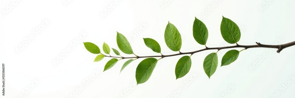 Single isolated branch against white background with subtle shadows, foliage, darkness Single isolated branch against white background with subtle shadows, foliage, darkness
