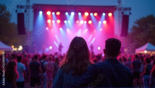 A couple enjoying a music concert, standing hand in hand, surrounded by a colorful crowd and vibrant stage lights. Generative, AI,