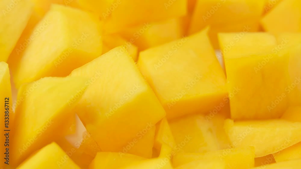 A close up of yellow mango slices. The slices are cut into cubes and are spread out on a white surface A close up of yellow mango slices. The slices are cut into cubes and are spread out on a white surface
