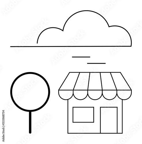 Small storefront with striped awning, adjacent tree, and a cloud above in simple line art. Ideal for retail, local business, community, weather, simplicity outdoors sustainability. Flat simple