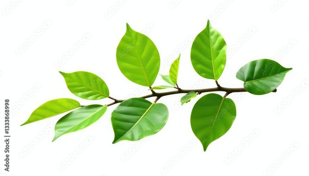 Single isolated branch with green leaves on white background, tree part, single, simple Single isolated branch with green leaves on white background, tree part, single, simple