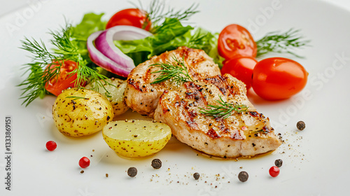 Grilled pork chops with boiled potatoes and fresh salad gourmet plated meal