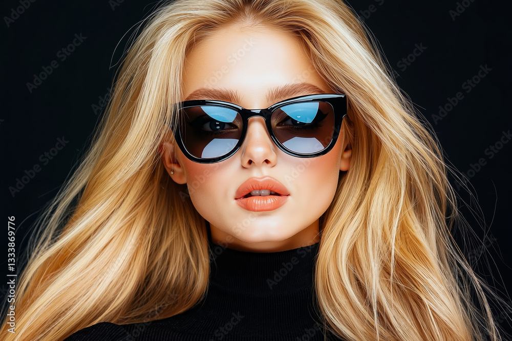 A woman with long blonde hair wearing a black turtle neck sweater and sunglasses A woman with long blonde hair wearing a black turtle neck sweater and sunglasses