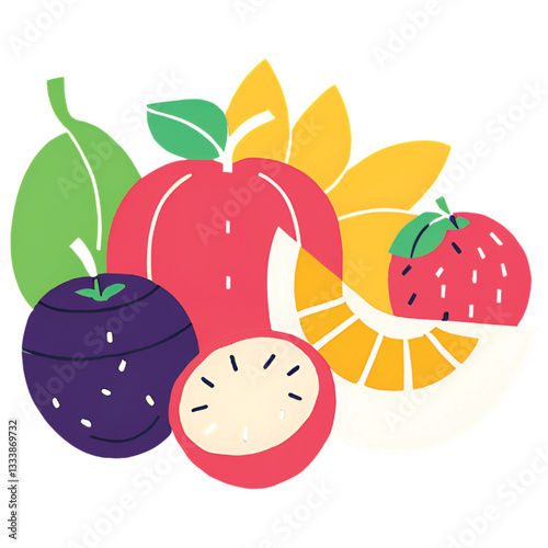 An illustration of various kinds of fruit in a simple and vibrant style