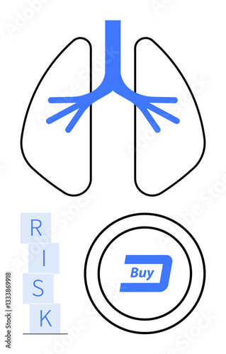 Simple lung diagram with blue airways, investment Buy button, and blocks spelling RISK. Ideal for financial analysis, health-economy connection, decision-making, blockchain, digital finance