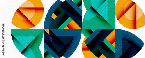 Abstract geometric artwork with interwoven angular and curved shapes, dynamic composition with smooth gradients and bold contrasts