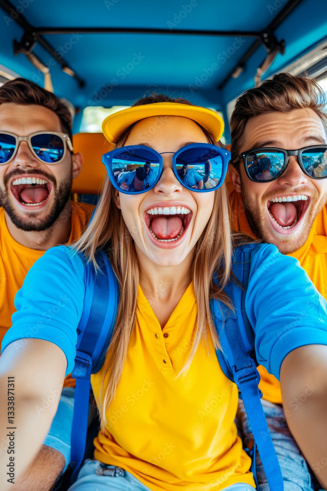 A group of three people taking a selfie in a bus A group of three people taking a selfie in a bus