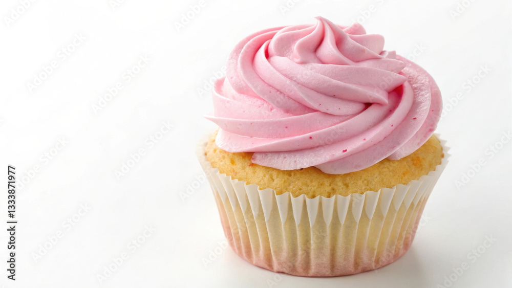 Fluffy cupcake with pink frosting on white background, perfect for celebrations and sweet treats. This delightful dessert is sure to bring joy to any occasion Fluffy cupcake with pink frosting on white background, perfect for celebrations and sweet treats. This delightful dessert is sure to bring joy to any occasion