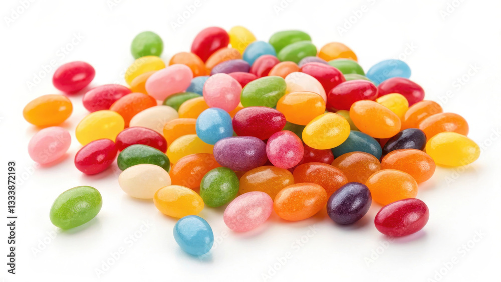 Colorful jelly beans scattered on white background create vibrant and playful scene, perfect for sweet treats and celebrations Colorful jelly beans scattered on white background create vibrant and playful scene, perfect for sweet treats and celebrations