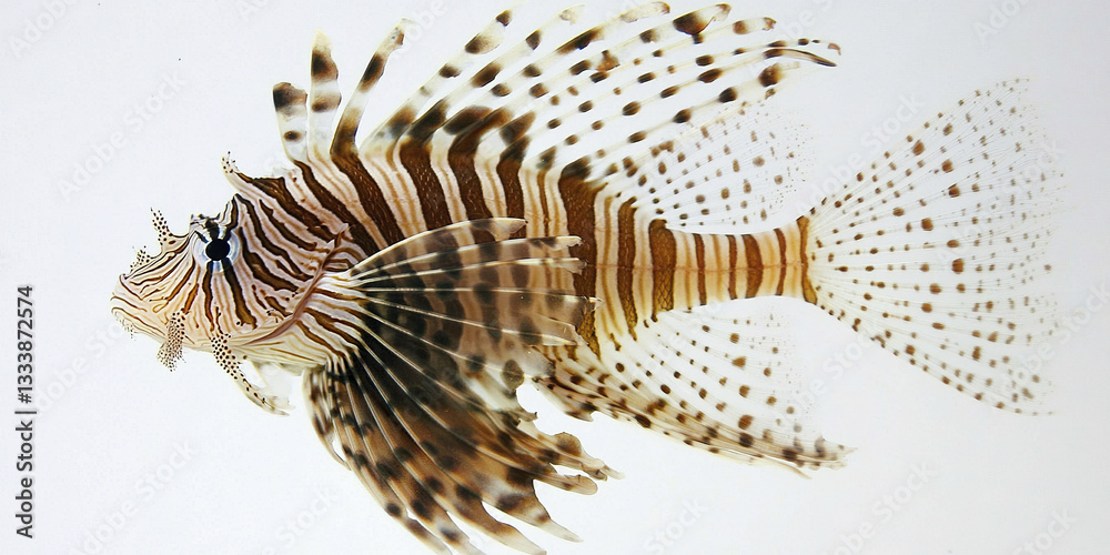 Fototapeta premium striking zebra lionfish floating gracefully in clear water