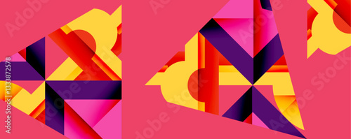 Abstract geometric artwork with interwoven angular and curved shapes, dynamic composition with smooth gradients and bold contrasts