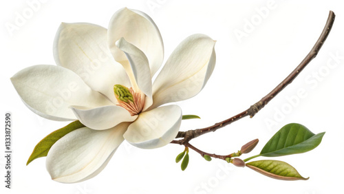 single magnolia blossom on white background, showcasing its delicate petals and vibrant green leaves, evokes sense of tranquility and beauty