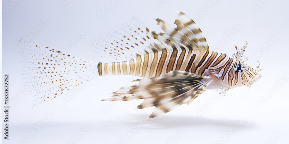 Fototapeta premium striking zebra lionfish floating gracefully in clear water