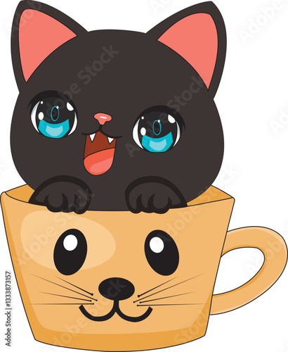 Happy Black Cat Hiding In Coffee Mug Vector