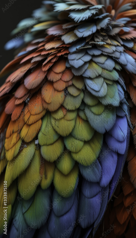 Fototapeta premium close up of vibrant, multicolored bird feathers showcasing spectrum of colors from orange to blue, creating mesmerizing pattern. intricate details highlight natural beauty and texture of feathers