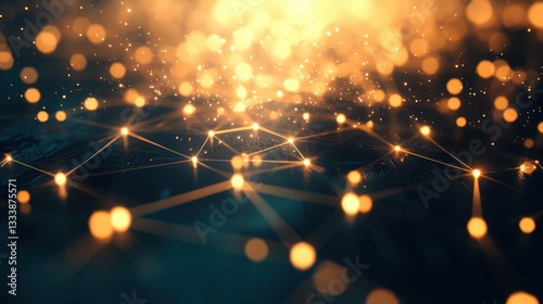 abstract depiction of interconnected dots and lines with bright bokeh effect.