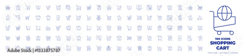 100 Shopping cart Icons Collection. Thin line icon. Editable stroke. consumer protection, book, delivery box, consumption, shopping, trading, market research, cart