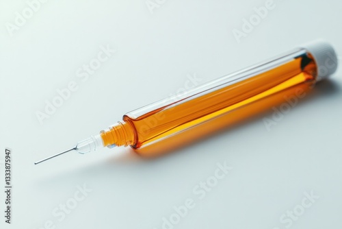 Transparent syringe filled with orange liquid, showcasing precis