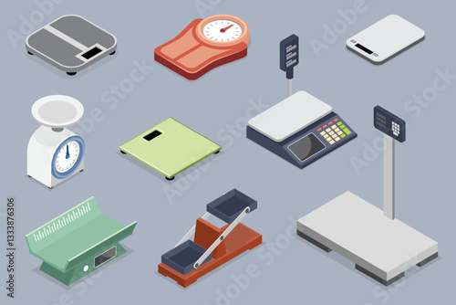 Set of instruments for weighing. Different scales for store, kitchen, industry or baby. Device for measuring weight. Isometric flat vector illustration.