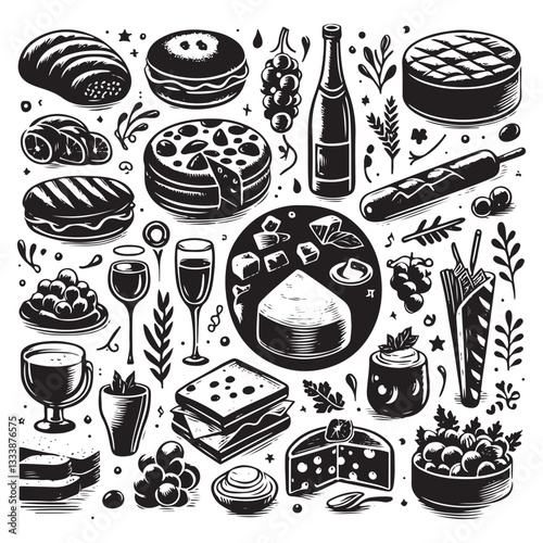 chalk food vector illustrations. wedding dinner icons, wine or champagne glass, cheese, and charcuterie drawings for wedding invitations, cafe menus, and parties vector silhouette