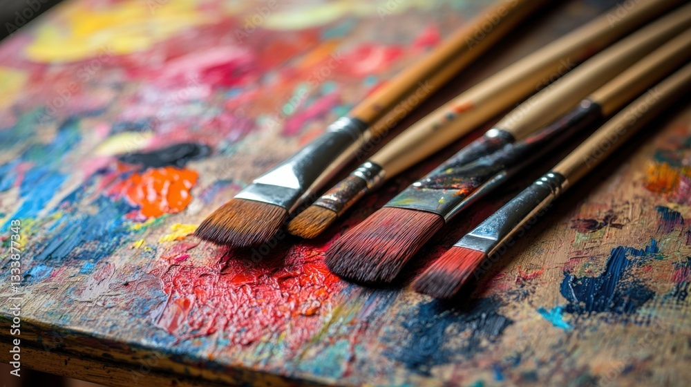Fototapeta premium Colorful Paint Brushes on a Rustic Wooden Palette with Paints