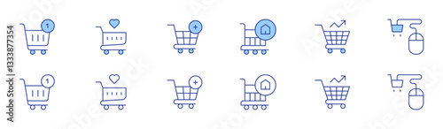 Shopping cart icon set in two styles, Duotone and Thin Line style. Editable stroke. sale, ecommerce, online shopping, shopping cart, shopaholic, add to cart