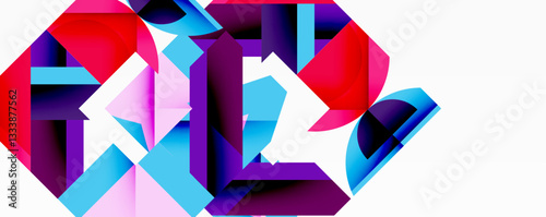 Abstract geometric artwork with interwoven angular and curved shapes, dynamic composition with smooth gradients and bold contrasts