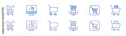 Shopping cart icon set in two styles, Duotone and Thin Line style. Editable stroke. trading, cart, online shopping, no shopping cart, shopping cart