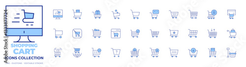 Shopping cart icons collection. Line Duotone style, editable stroke. book, sale, trading, ecommerce, cart, shopping, online shopping, shopping bag, no shopping cart