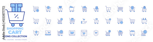 Shopping cart icons collection. Line Duotone style, editable stroke. purchase, consumer protection, trolley, sales, discount, commerce, sale, consumerism, cart, cancel