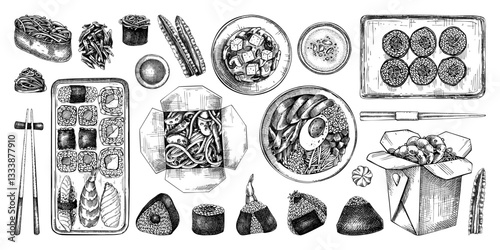 Asian food hand-drawn vector illustrations in engraved style. Japanese cuisine menu design elements. NOT AI generated