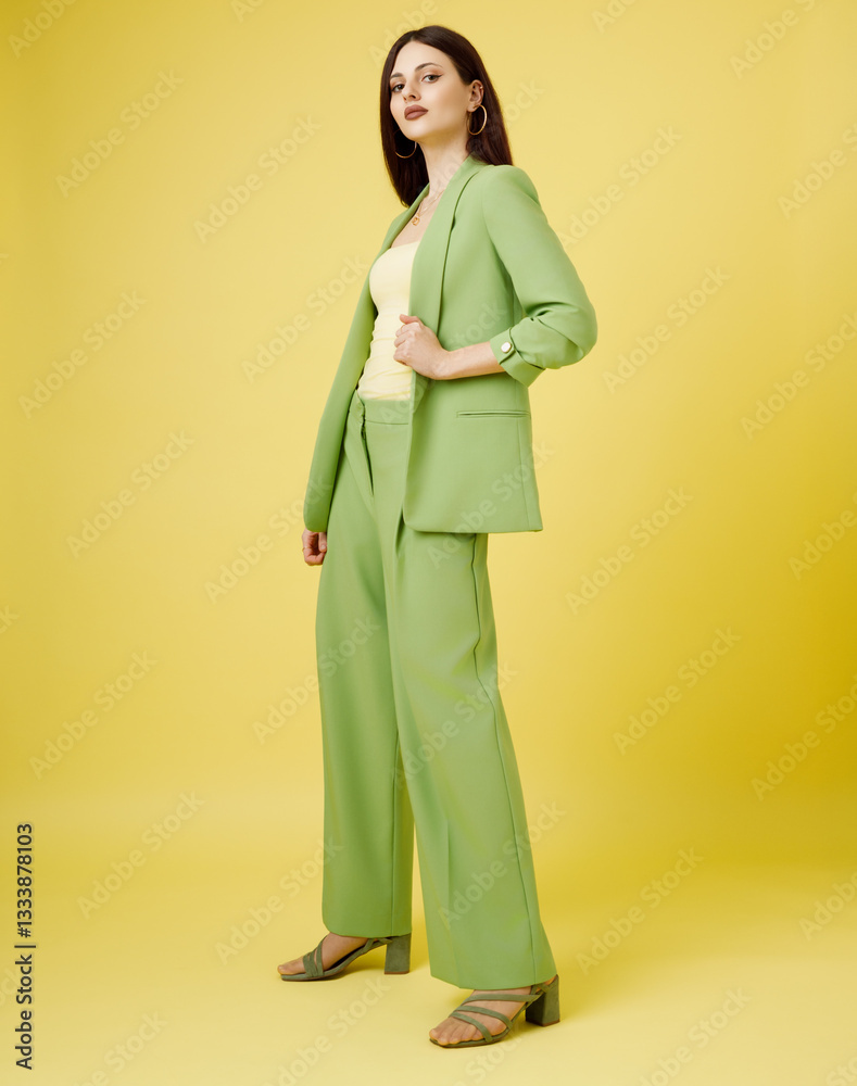 Fashion portrait of beautiful model in green suit against yellow background