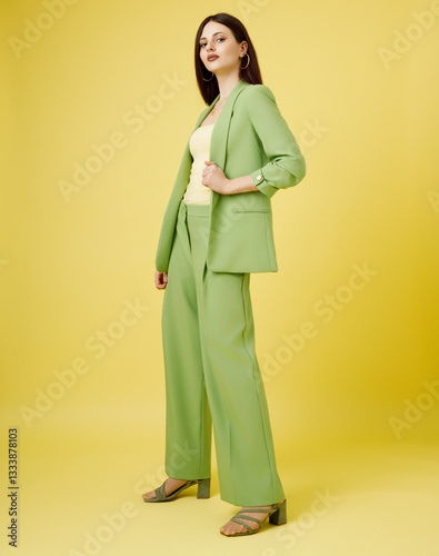Obraz na płótnie Fashion portrait of beautiful model in green suit against yellow background w salonie