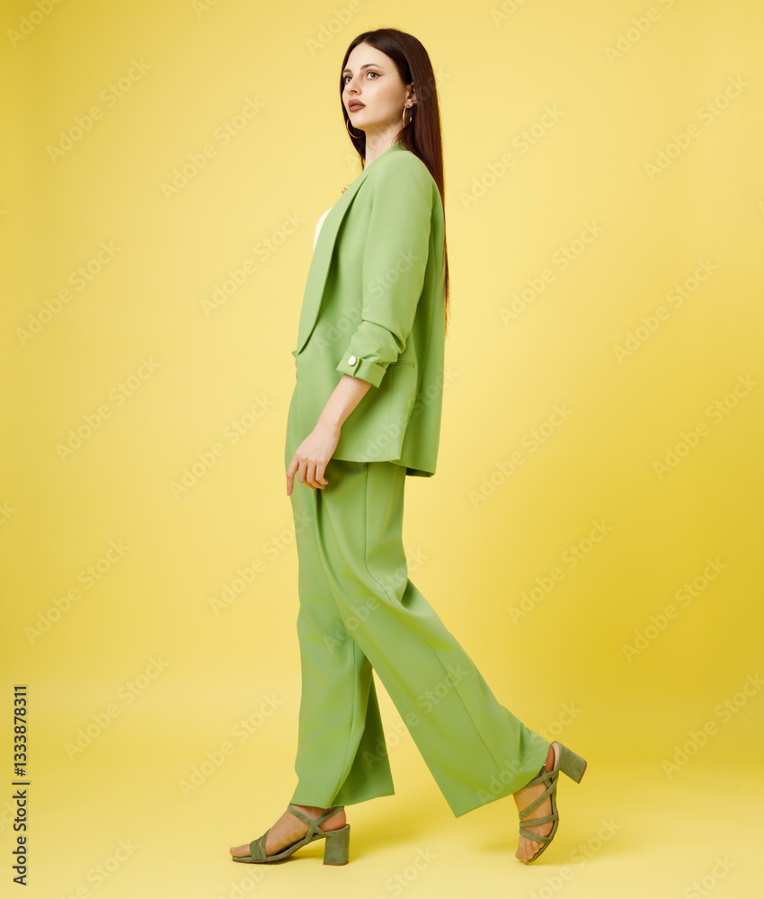 Fashion portrait of beautiful model in green suit against yellow background