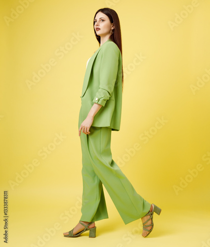Obraz na płótnie Fashion portrait of beautiful model in green suit against yellow background w salonie