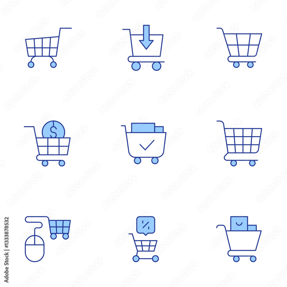 Shopping cart icons set. Line Duotone style, editable stroke. online shopping, shopping cart, trolley Shopping cart icons set. Line Duotone style, editable stroke. online shopping, shopping cart, trolley