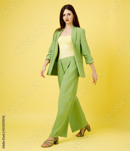 Obraz na płótnie Fashion portrait of beautiful model in green suit against yellow background w salonie