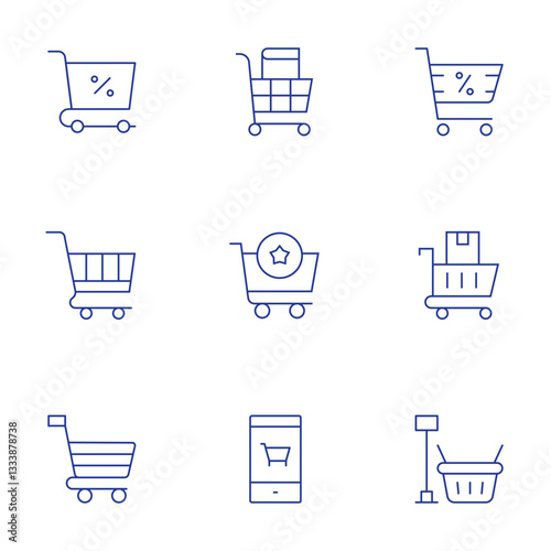 Shopping cart icons set. Thin Line style, editable stroke. book, favourite, online shopping, shopping trolley, shopping cart