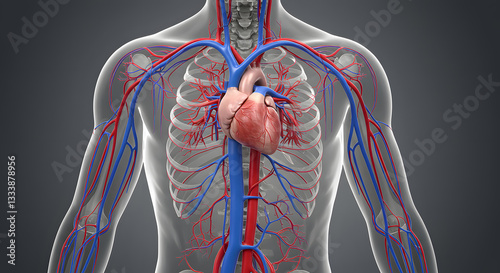 Human Cardiovascular System: Anatomical 3D Model, Arteries & Veins, Ribcage Detail