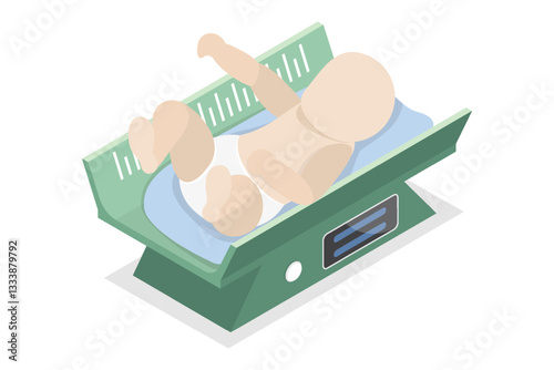 Child lies on the scales for weighing babies. Newborn baby on digital scales. Vector flat isometric Illustration.
