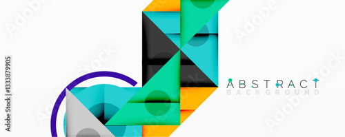 Geometric abstract design with layered triangles, circles, and gradients, forming a structured pattern with sharp contrasts and depth