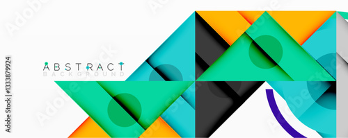Geometric abstract design with layered triangles, circles, and gradients, forming a structured pattern with sharp contrasts and depth