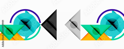 Geometric abstract design with layered triangles, circles, and gradients, forming a structured pattern with sharp contrasts and depth