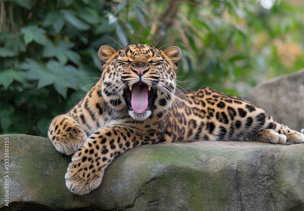 Naklejka premium Majestic Leopard on Rock Displaying Yawning Behavior in a Lush Green Environment Surrounded by Vibrant Foliage and Natural Elements