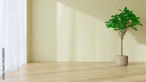 Photos Empty pastel yellow interior with large window, light and shadows play on the wall, parquet floor and green plant in the pot