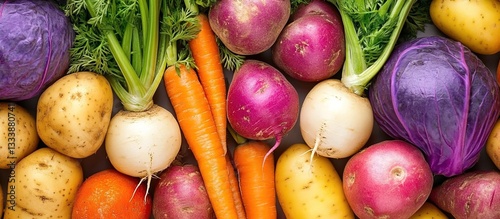 A colorful assortment of organic vegetables, including carrots, beets, and potatoes, is displayed in close-up. 
