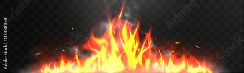 Fire flames with smoke, burning heat, glowing blaze, transparent background, hot energy, realistic fire, light effect.