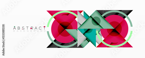Geometric abstract design with layered triangles, circles, and gradients, forming a structured pattern with sharp contrasts and depth